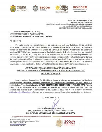 Oficio CONVOCATORIA Estándar de Competencia Laboral EC0775